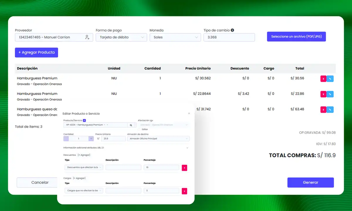 Pantalla de registro de compras a proveedores en Facturas MYPE