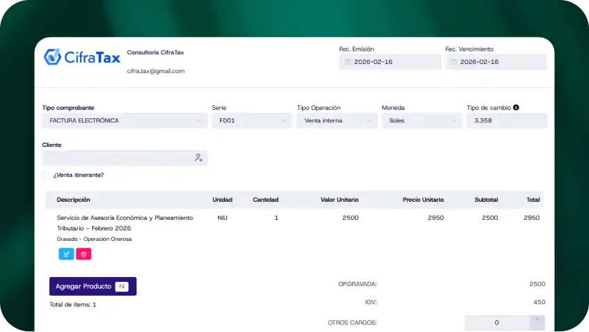 Pantalla de emisión de factura electrónica en Facturas MYPE
