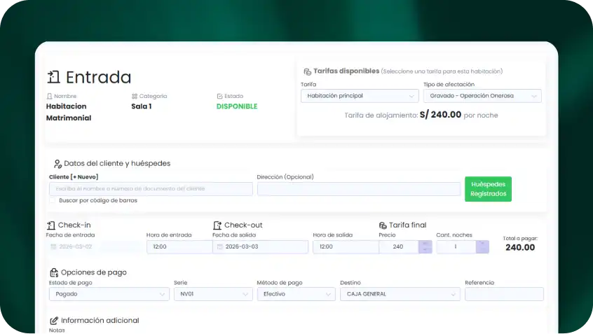 Pantalla de check-in de hotel con tarifa y datos del huésped en Facturas MYPE
