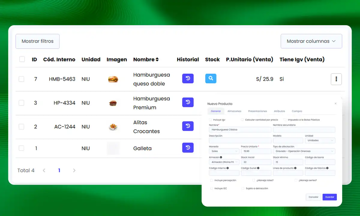 Listado de productos con stock, precio y unidad en Facturas MYPE