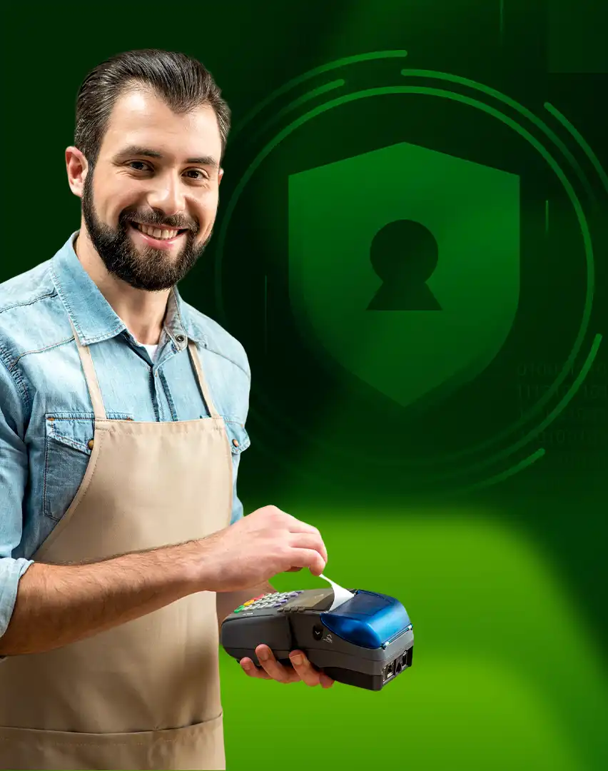 Comerciante cobrando con POS y escudo de seguridad de Facturas MYPE